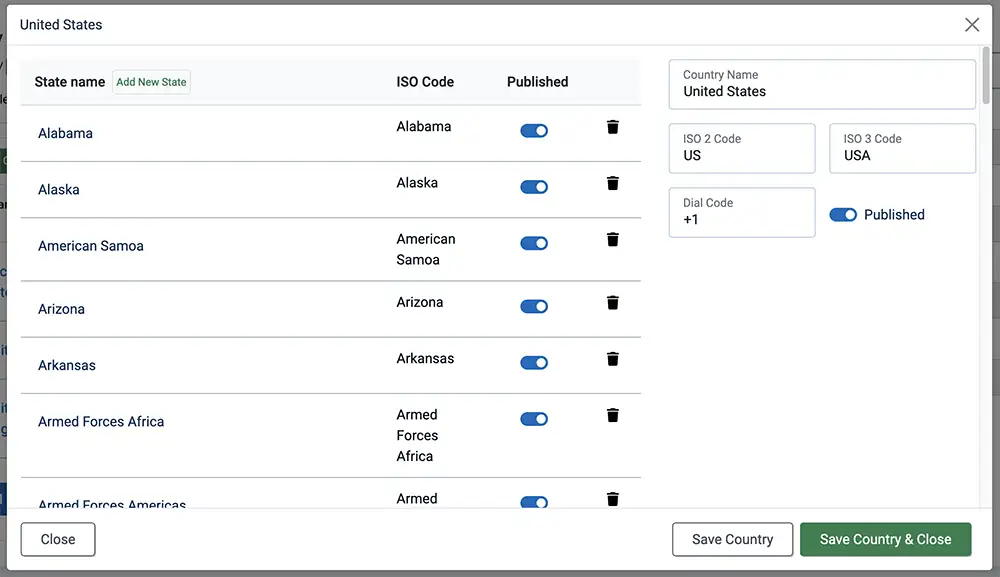 Editing country and states elements