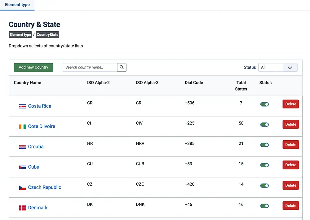 Global configuration UI for Country & States elements