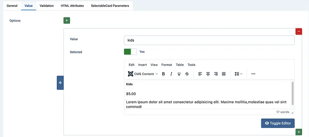 Configuring selectable card value