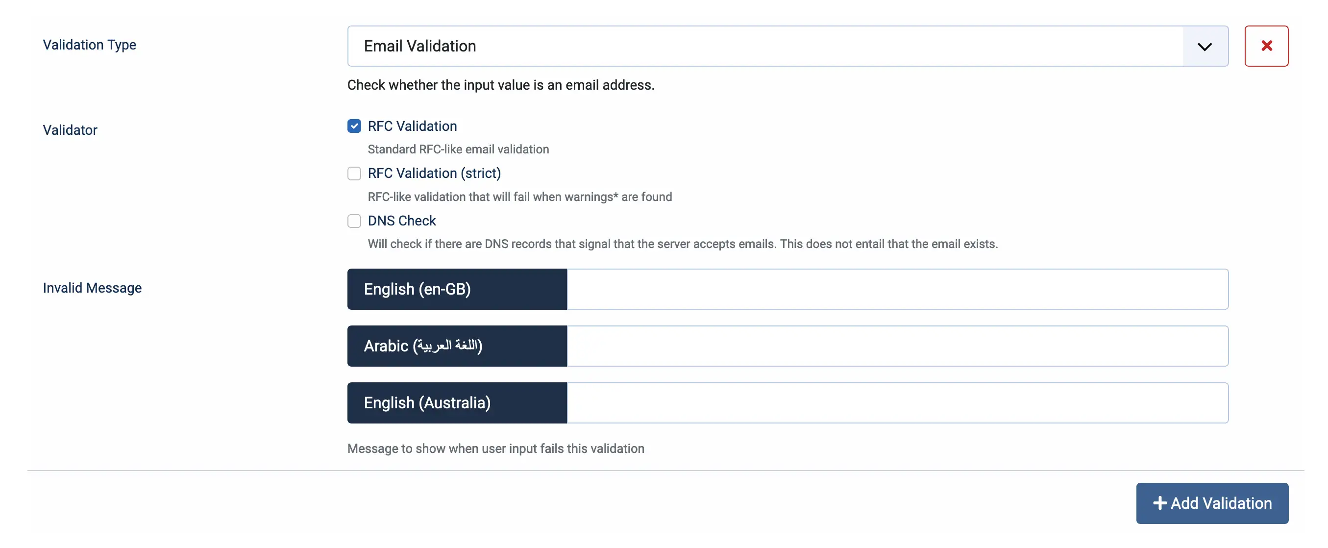 Multi language element validation